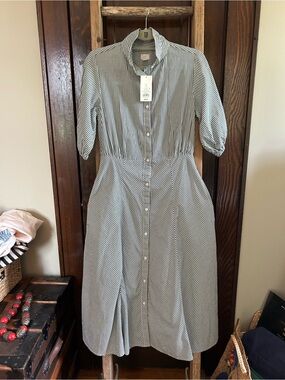 a new day green/white Striped Button-Front shirt Dress w/ pockets, NWT, size S